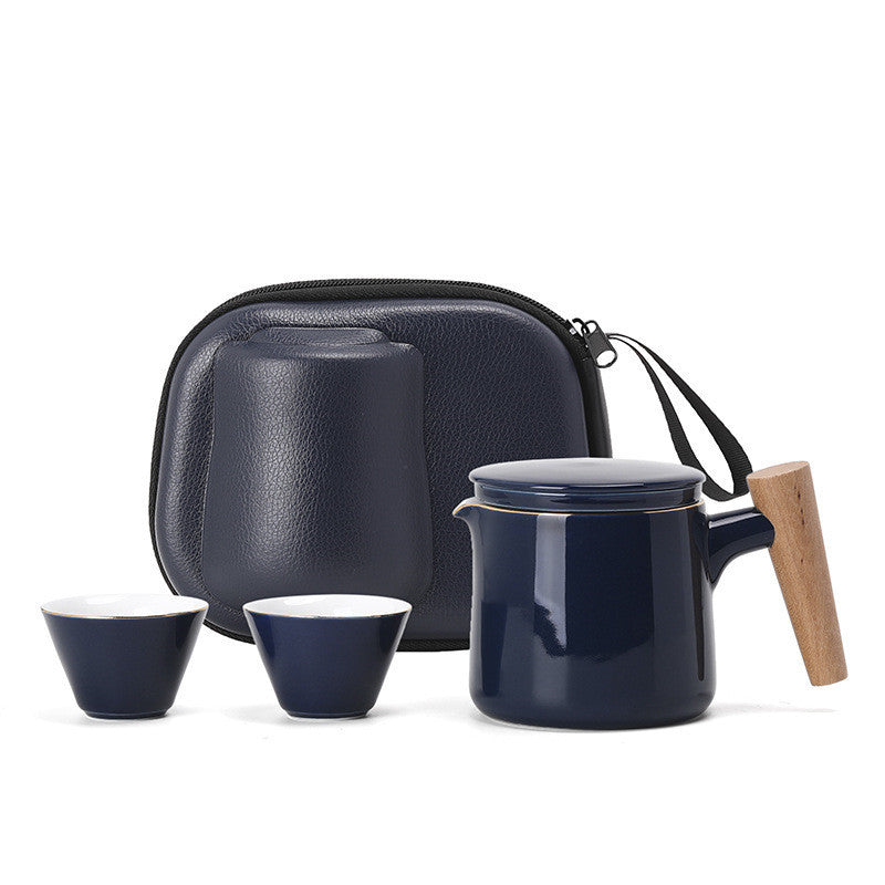 Ceramic Travel Tea Set with Infuser and Wooden Handle Teapot