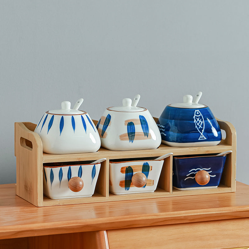 Premium Ceramic Spice Box Set with Bamboo Frame – Seasoning Organizer