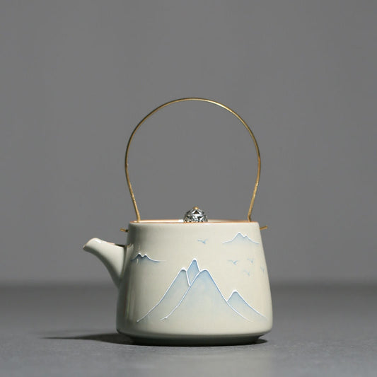Handmade Ceramic Teapot with Mountain Design – Brass Handle