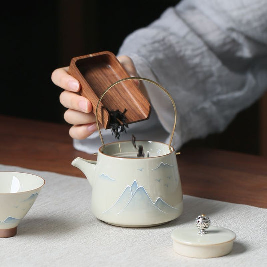 Handmade Ceramic Teapot with Mountain Design – Brass Handle